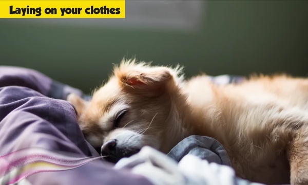 Dog sleeping peacefully on owner's clothing seeking comfort through scent