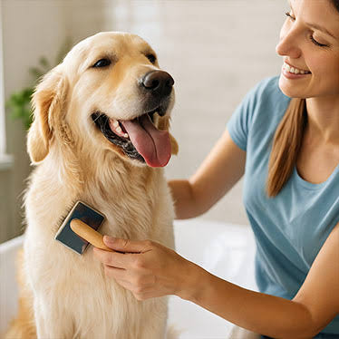 Person grooming a happy dog