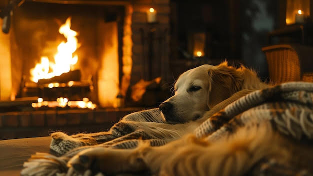 Golden Retriever resting by fireplace